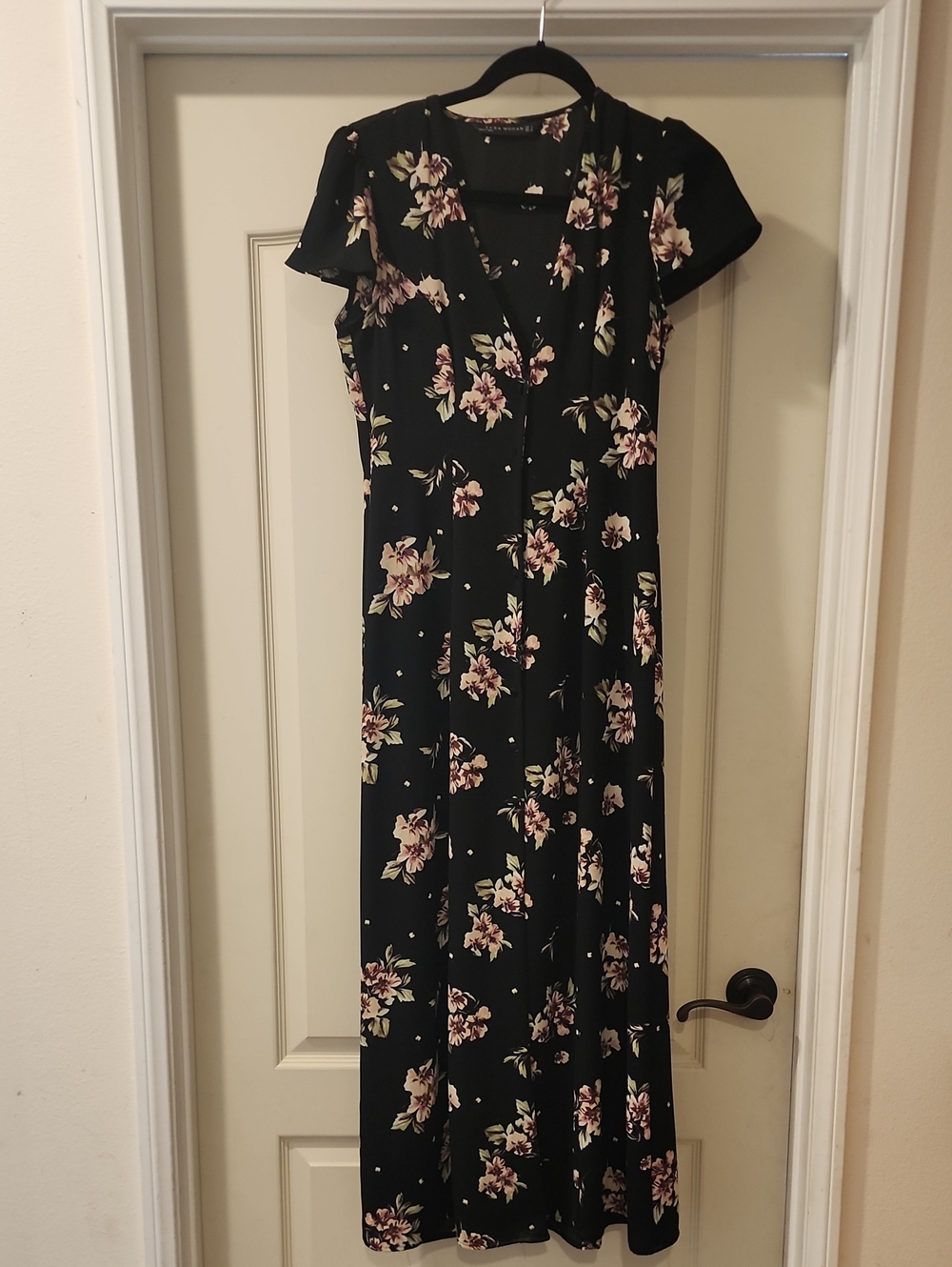 Zara Black Maxi Dress with Pink Floral Print